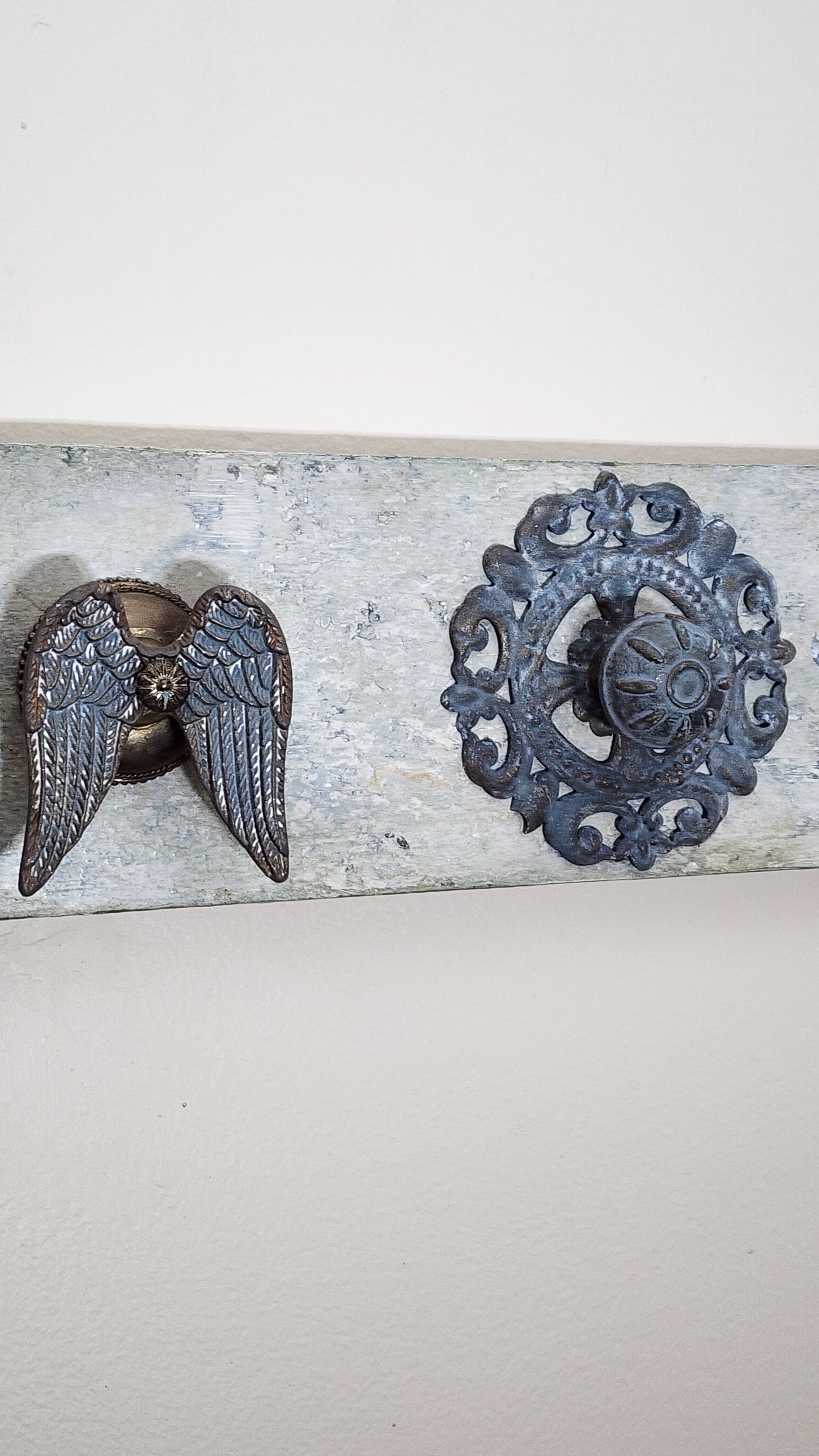 Architectural Hook Rail with Vintage Hardware – Weathered Limewash Finish Wall Rack