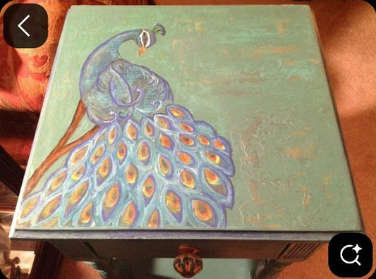 Earlier hand-painted peacock artwork by Patricia Skelton