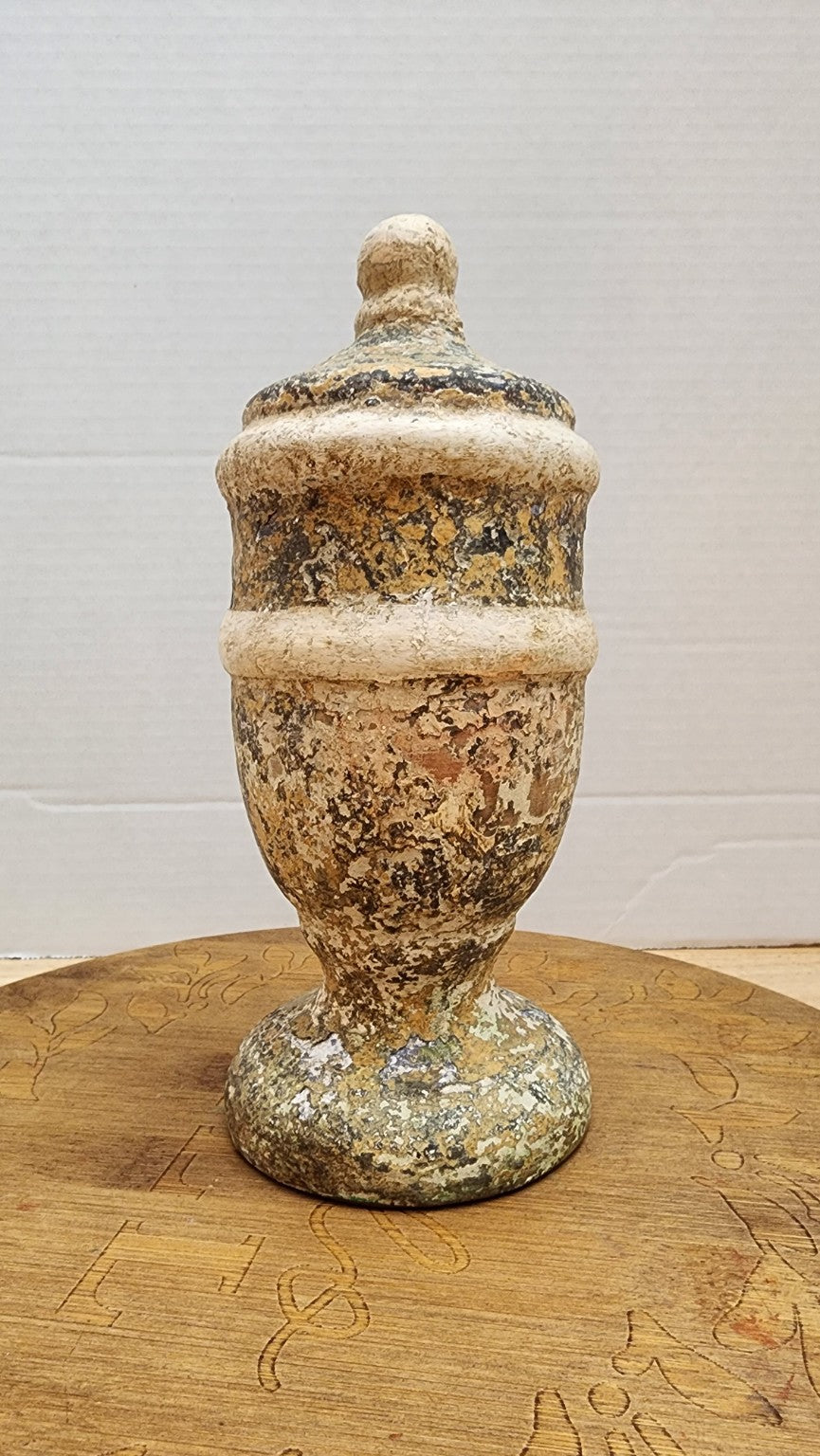 Wood finial with hand-finished cracked layered patina, alternate angle