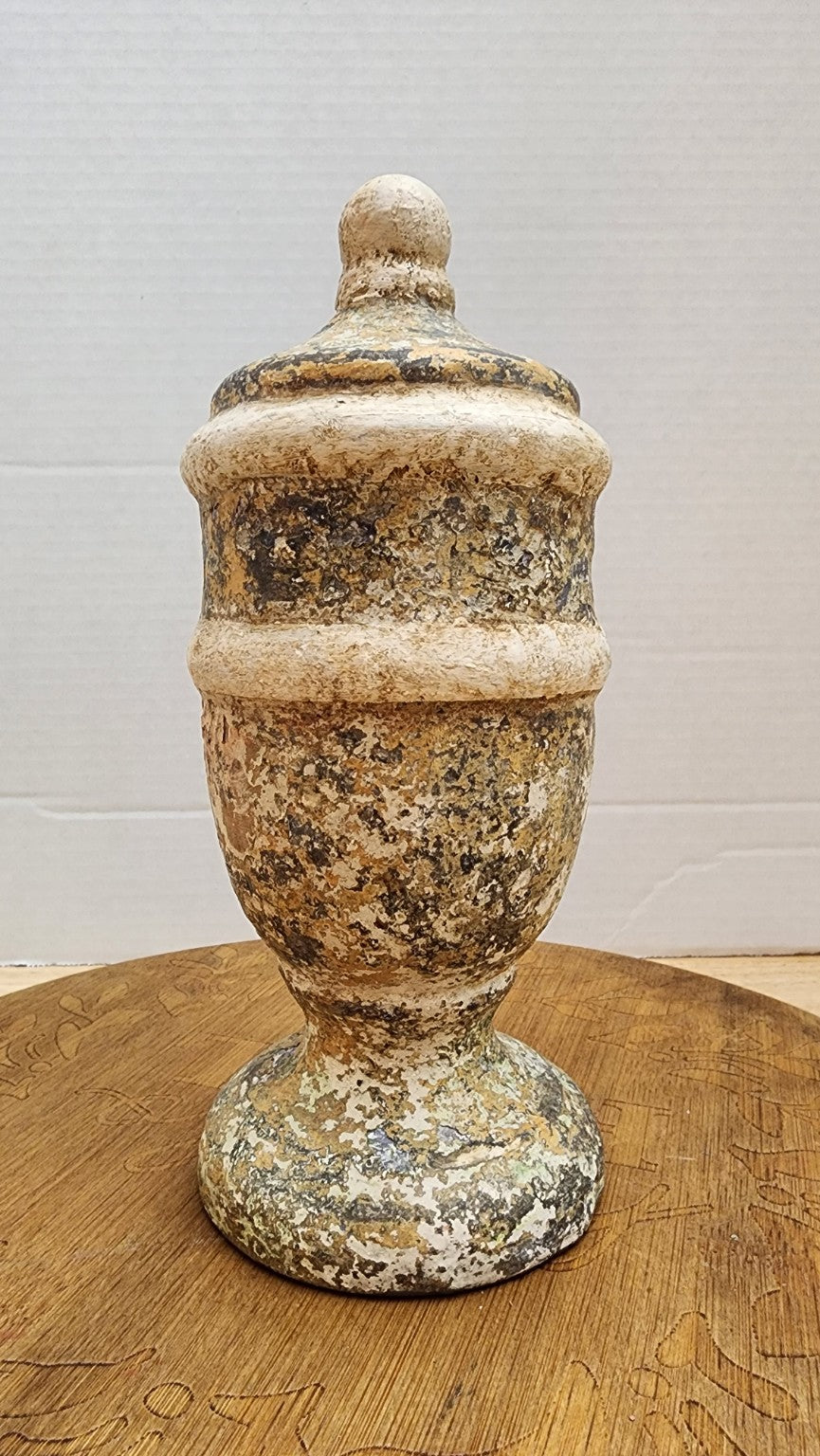 Timeworn wooden finial with hand-finished cracked layered patina, full view