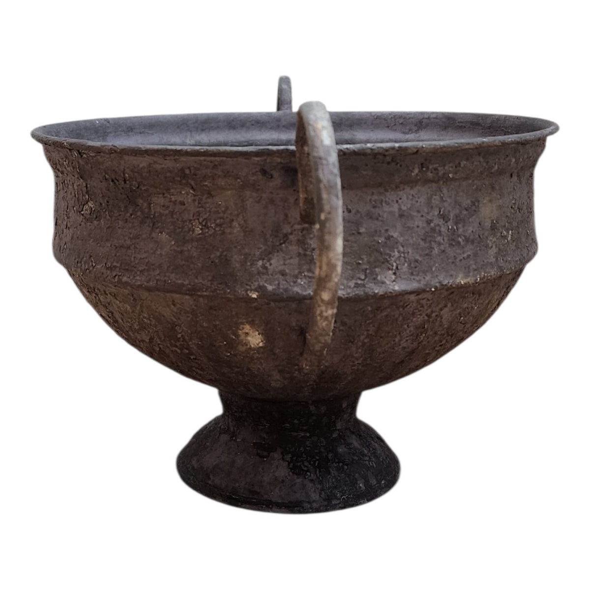 Aubergine metal urn, side view