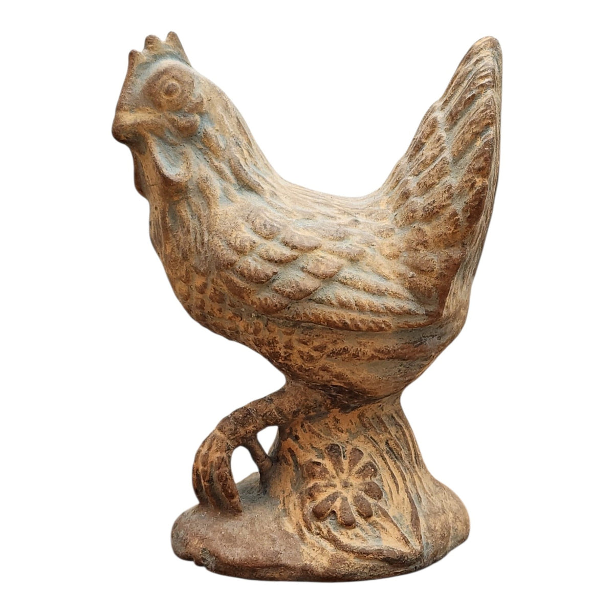 Hand-finished ceramic hen, side view