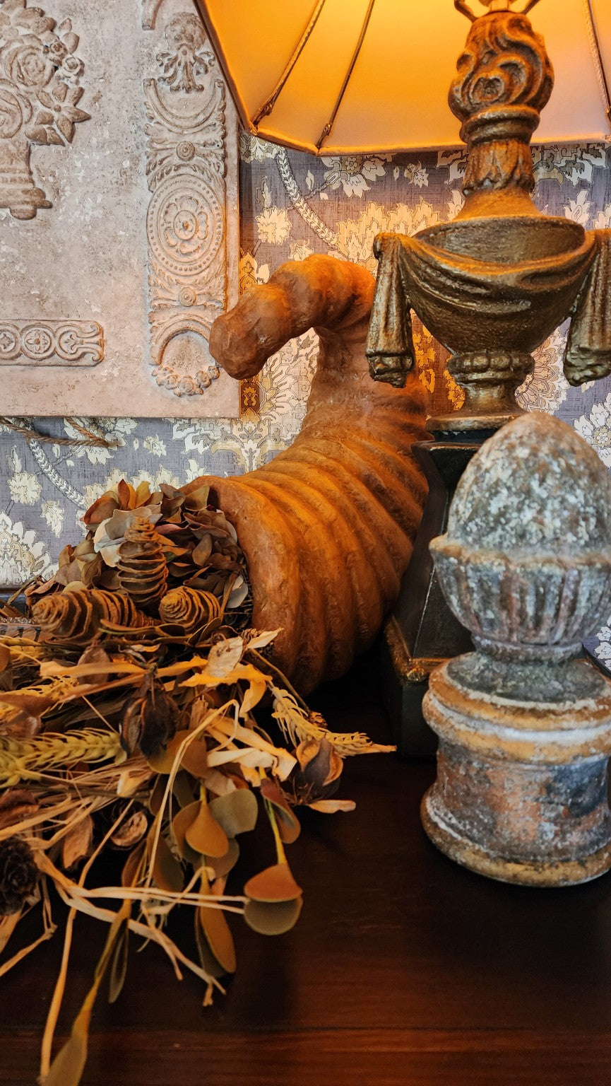 OWR hand-finished acorn finial styled in an old-world collected vignette