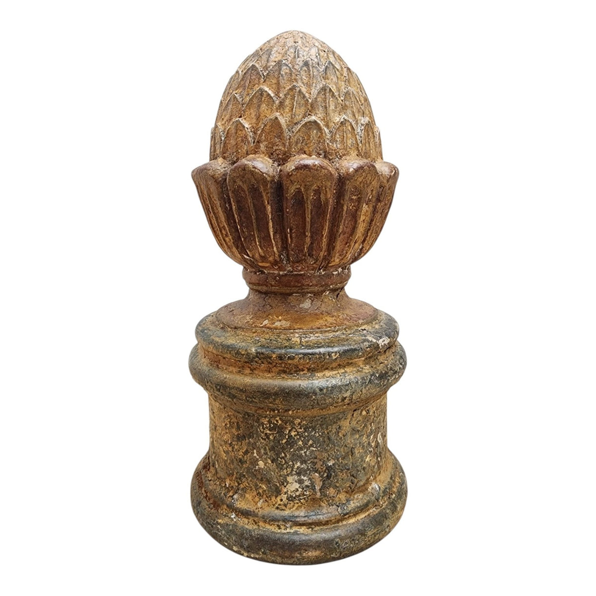 Aged European hand-finished wood artichoke finial by Open Window Restore