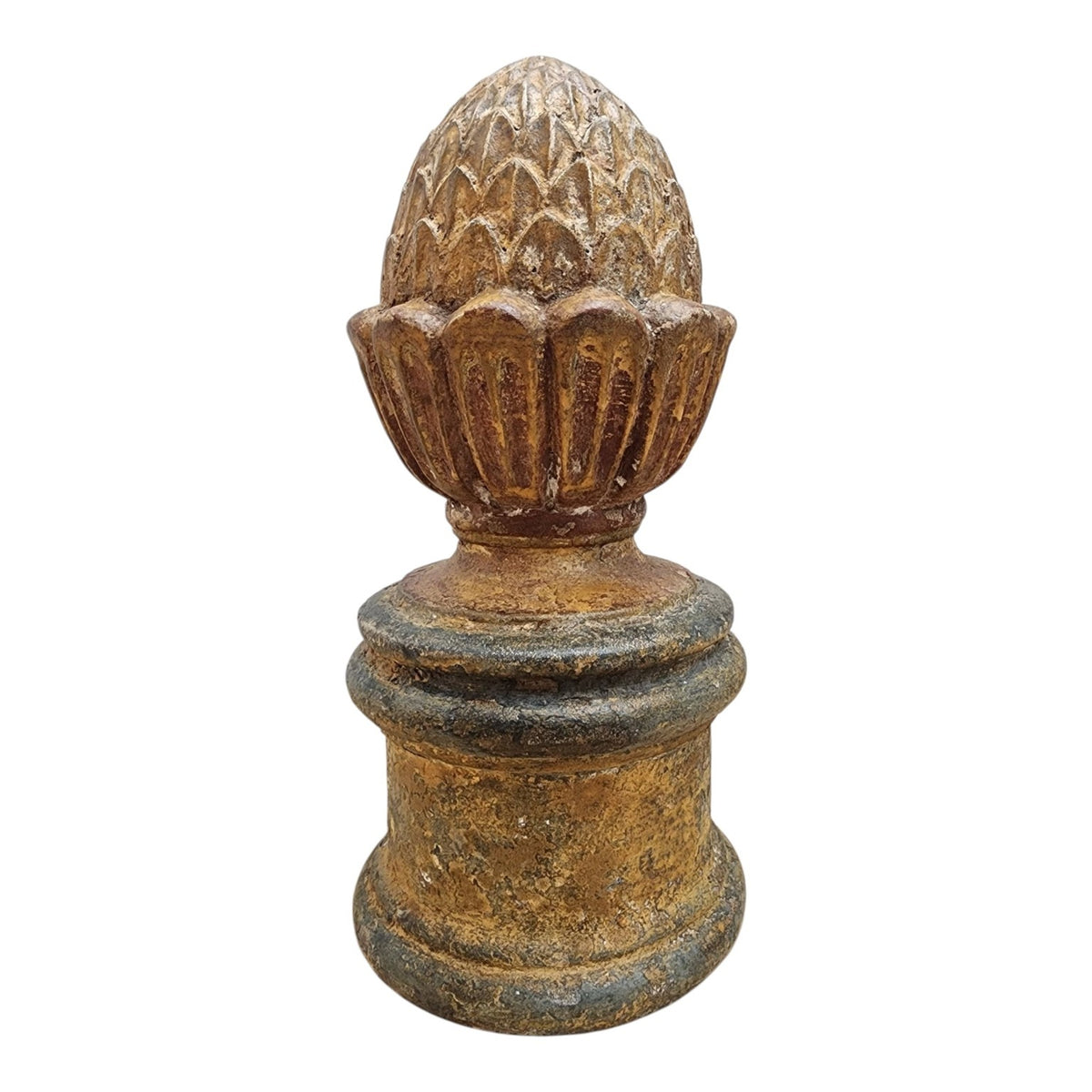 Angled view of hand-finished wood artichoke finial with timeworn patina