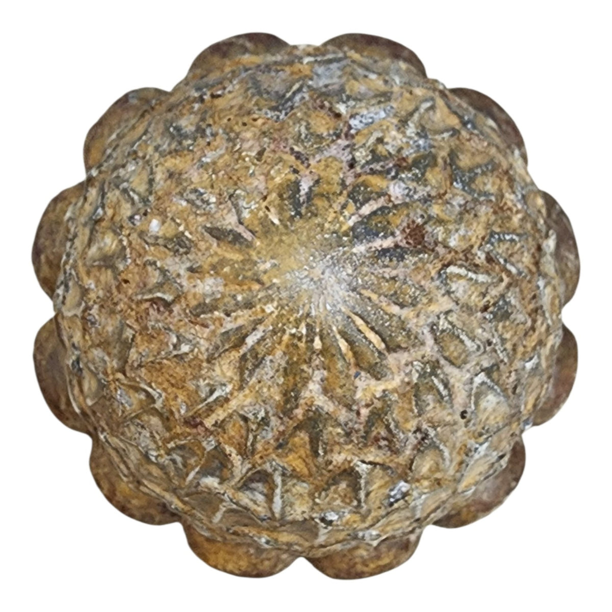 Close-up of layered gesso and milk paint finish on wood artichoke finial