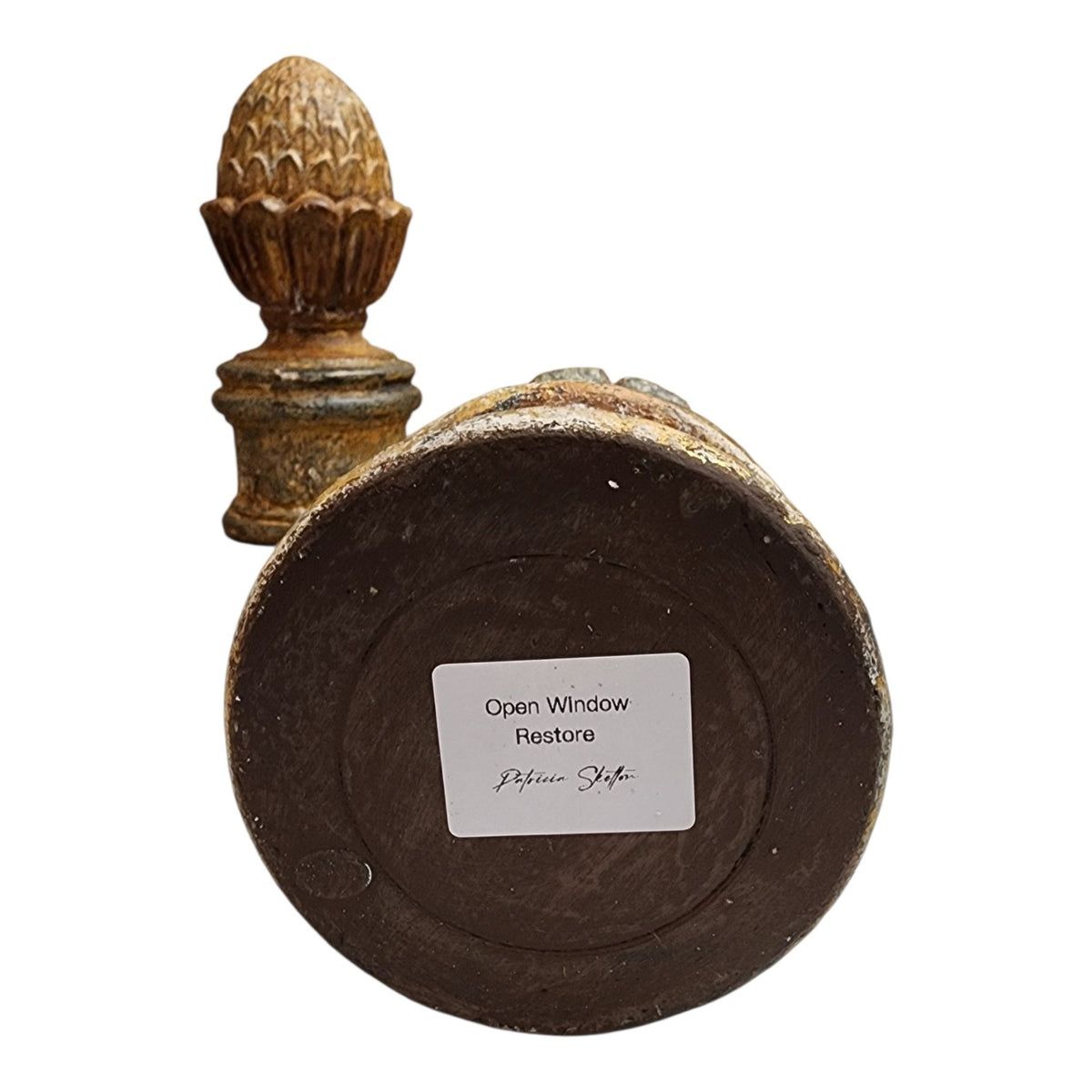 Open Window Restore Patricia Skelton maker label on base of hand-finished wood finial