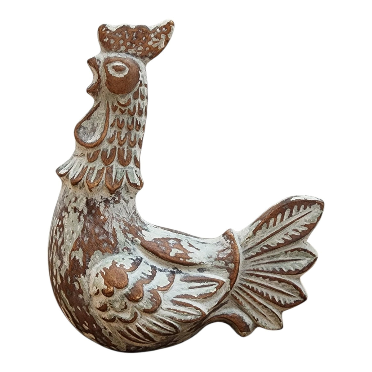 Hand-finished ceramic rooster, front view