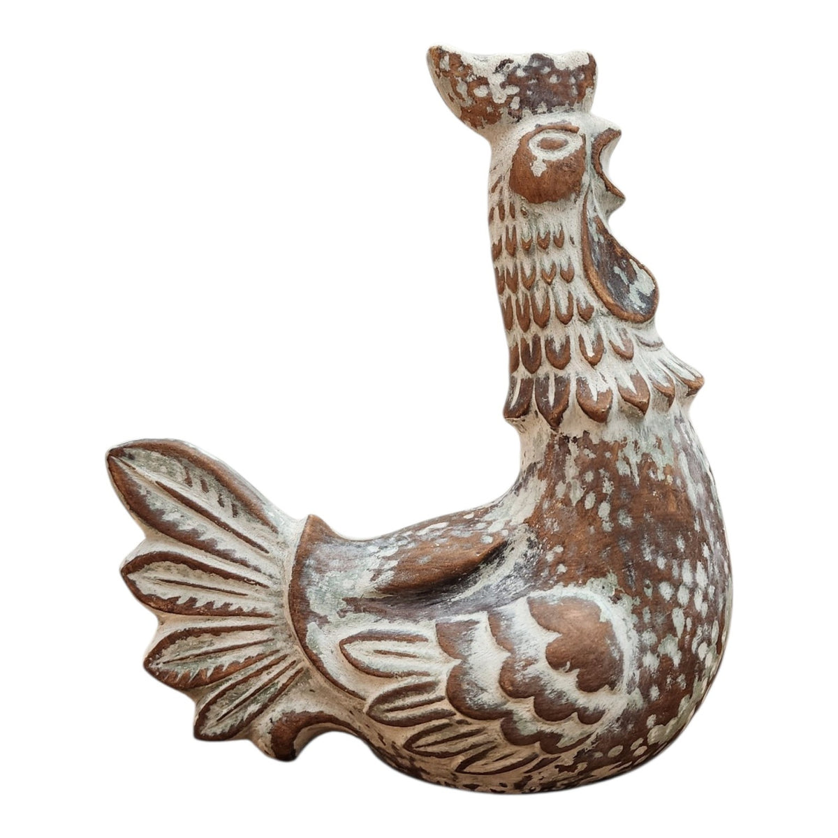 Hand-finished ceramic rooster, side view