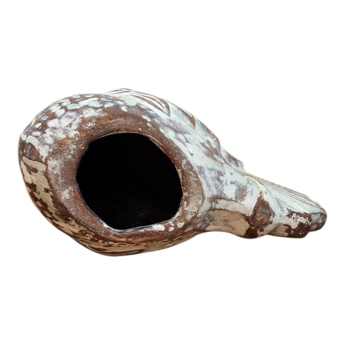 Hand-finished ceramic rooster, underside opening