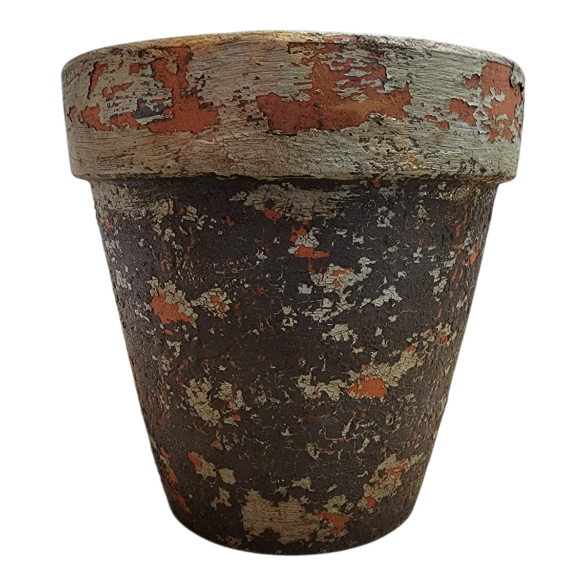 Back view of hand-painted chippy terracotta pot