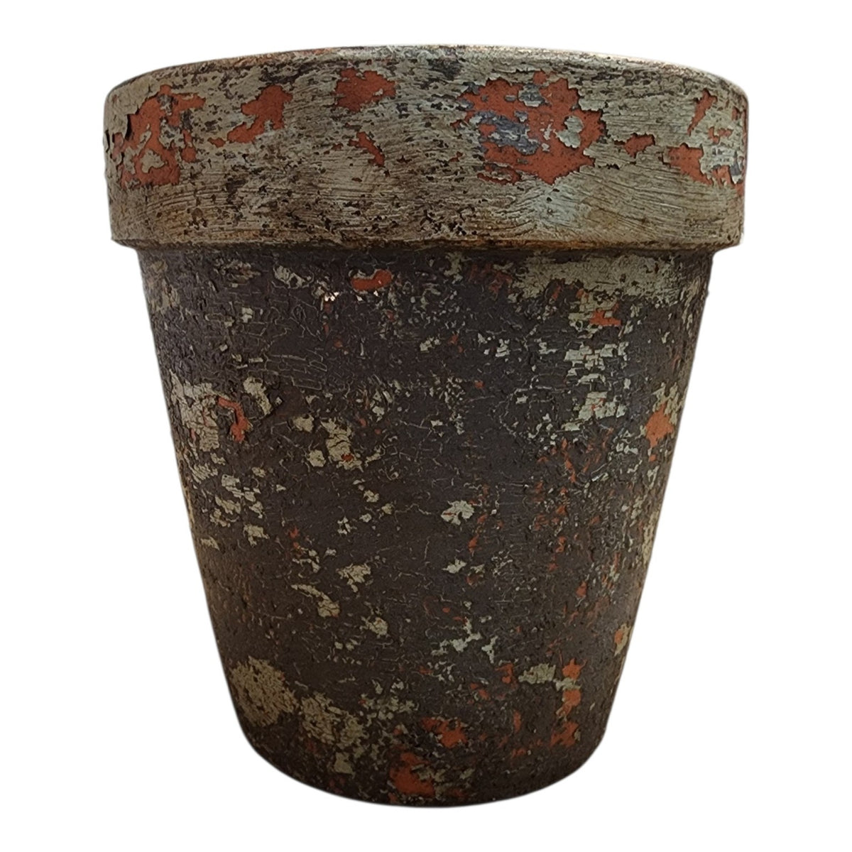 Side view of hand-painted chippy terracotta pot