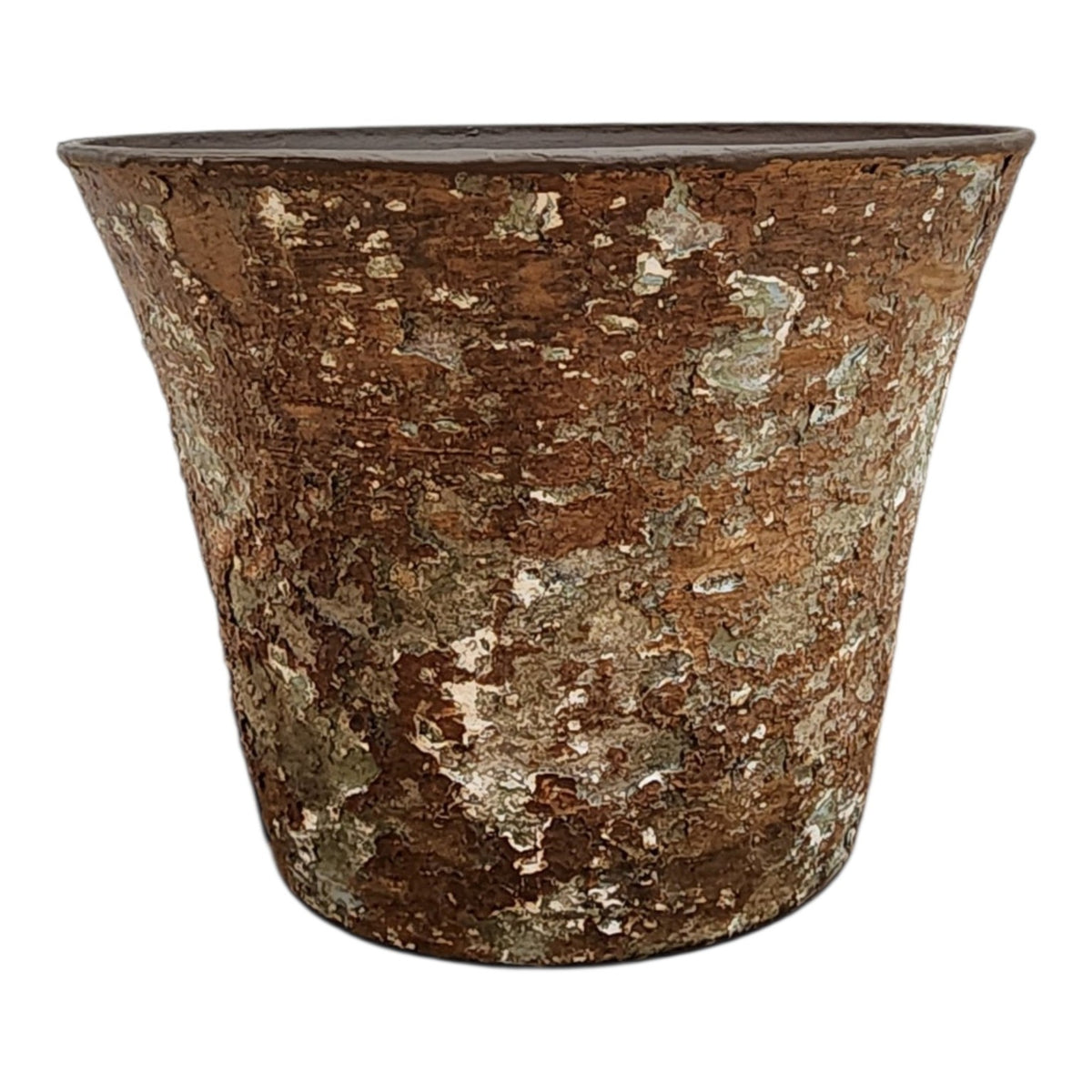 Layered patina detail on resin planter
