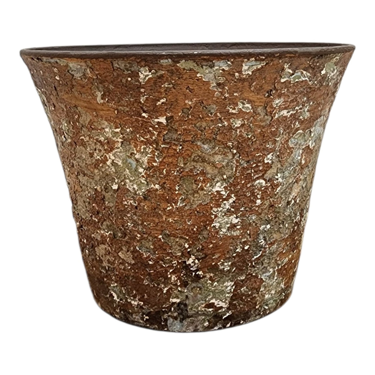 Hand-applied aged finish on resin planter