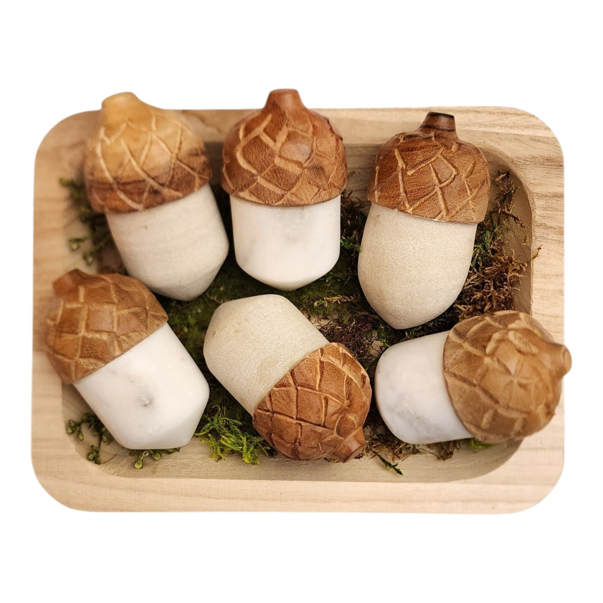 Six decorative marble and carved wood acorns included with wood tray