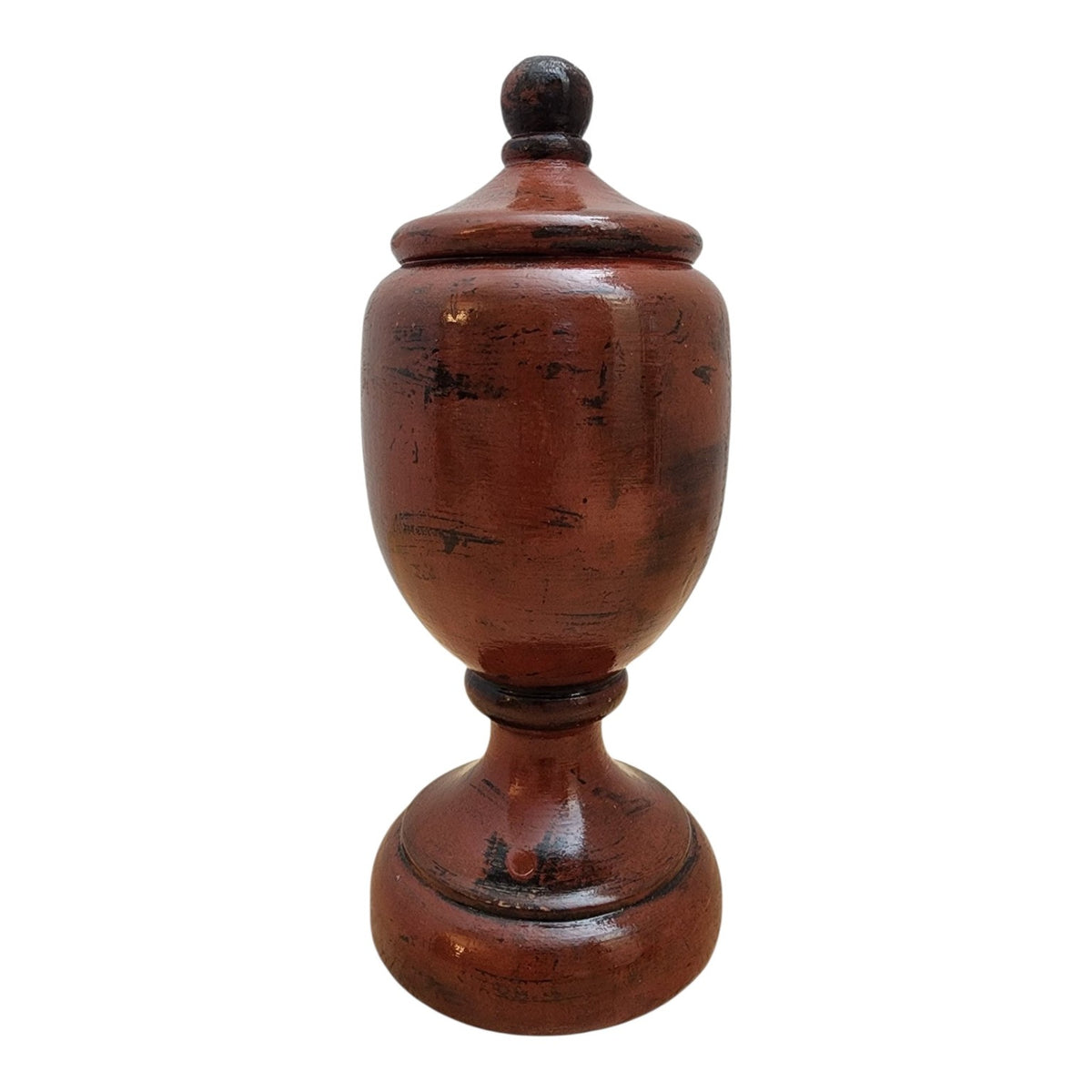 Hand-finished solid wood decorative vessel in Negoro Nuri inspired red and black finish, front view