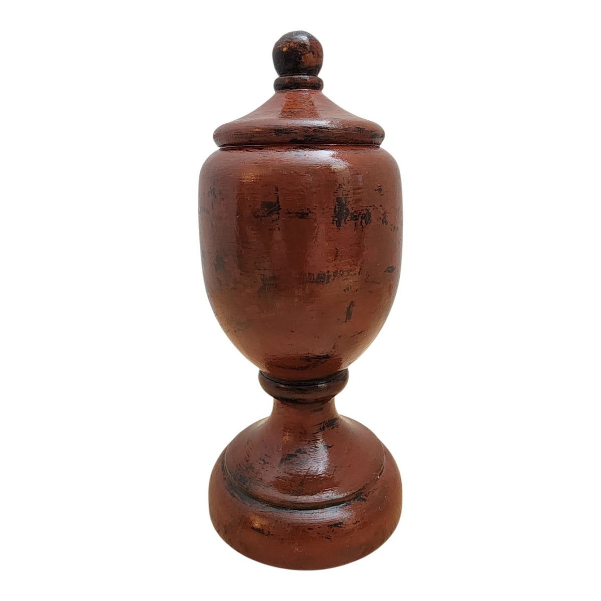 Hand-finished solid wood decorative vessel, alternate view showing aged red and black surface