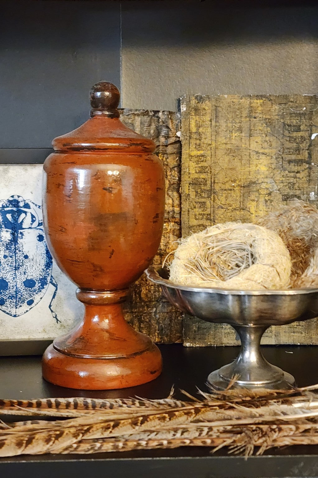Negoro Nuri inspired solid wood decorative vessel styled in an Open Window Restore collected vignette