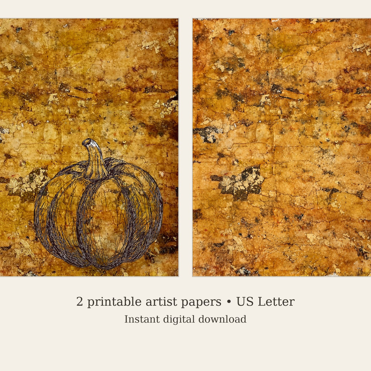 Two printable Open Window Restore artist papers: pumpkin artwork and coordinating aged painted paper, US Letter digital download