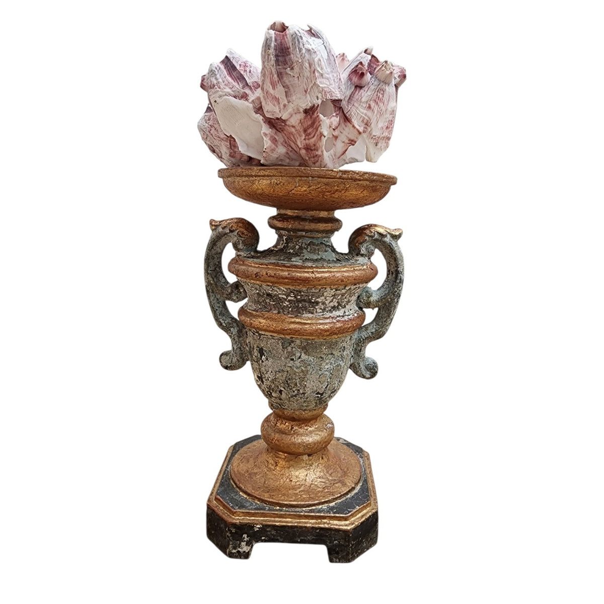 OWR pedestal urn styled with included purple barnacle cluster