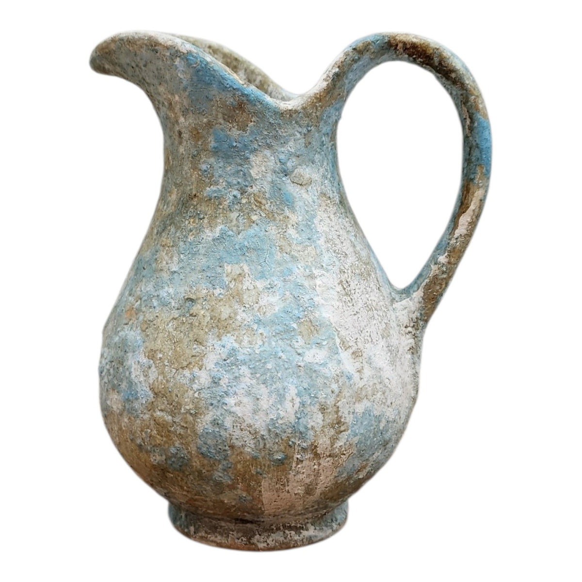 Small ceramic pitcher with Open Window Restore hand-applied aged blue patina