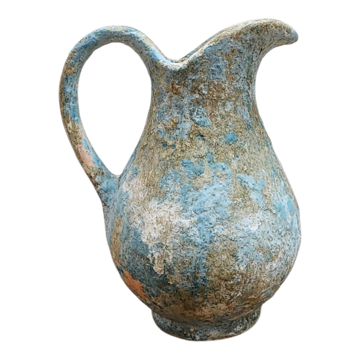 Small ceramic pitcher with Open Window Restore hand-applied aged blue patina