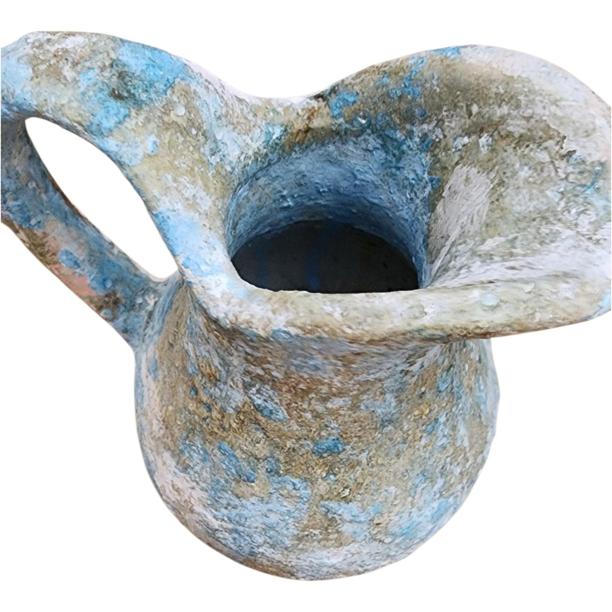 Small ceramic pitcher with Open Window Restore hand-applied aged blue patina