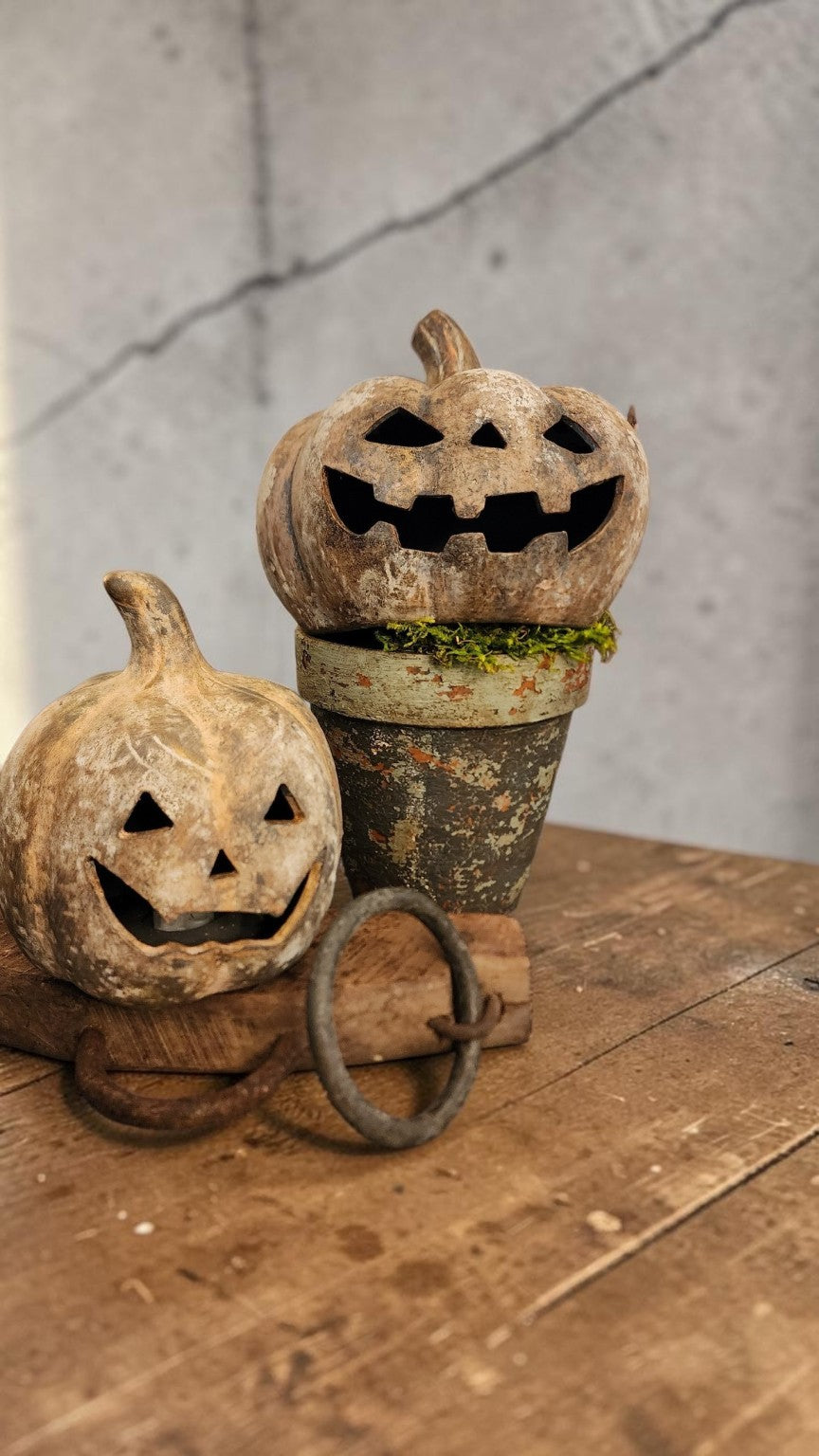 Open Window Restore hand-painted jack-o'-lanterns styled in an old-world autumn vignette