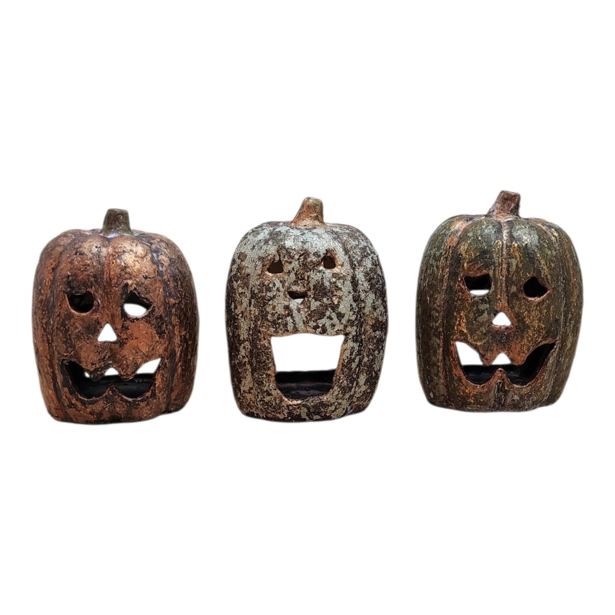 Set of three hand-finished ceramic jack-o-lantern pumpkins by Open Window Restore