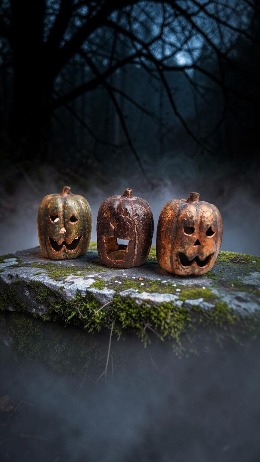 Three hand-finished timeworn ceramic jack-o-lantern pumpkins styled outdoors