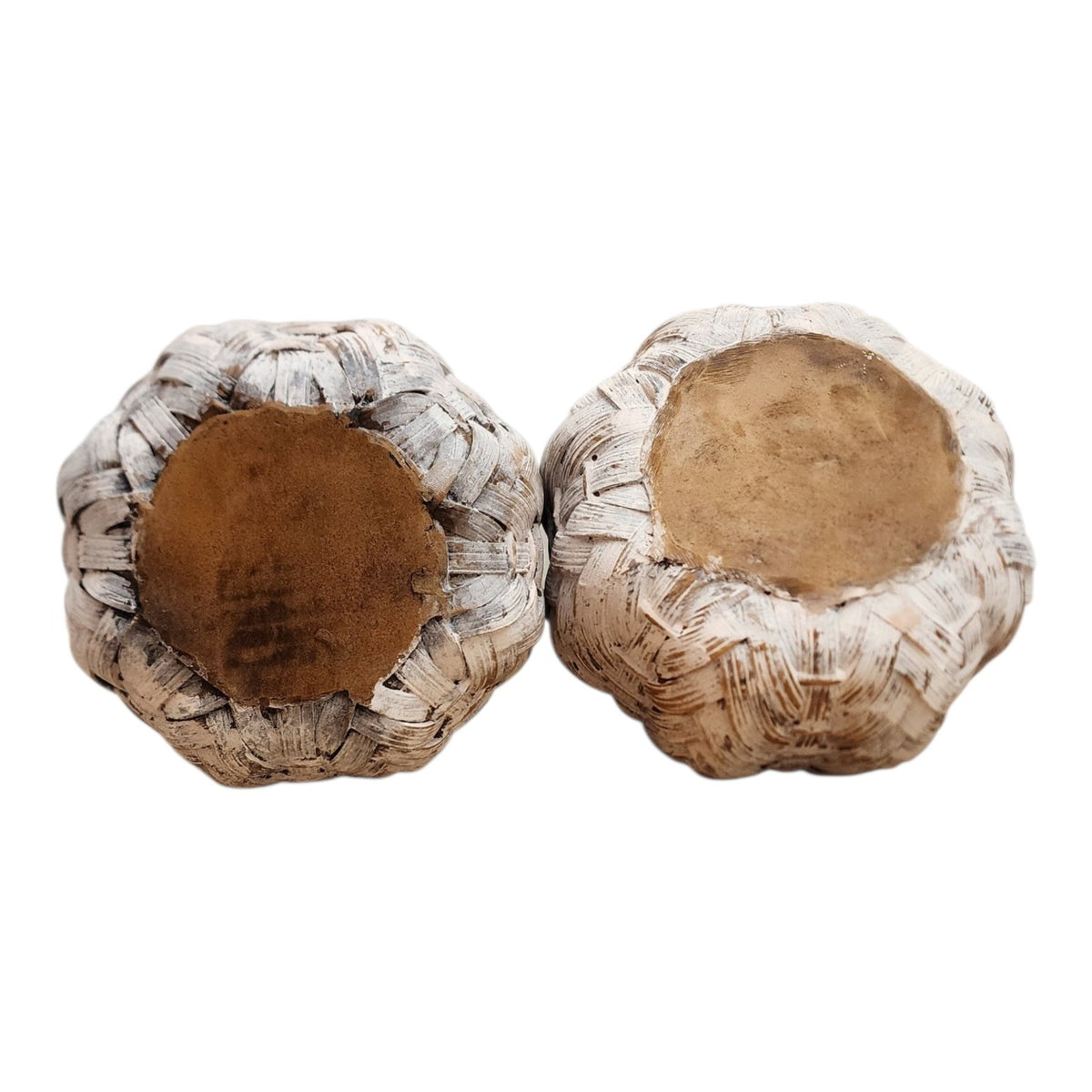 Bottom view of hand-painted faux woven resin pumpkin pair
