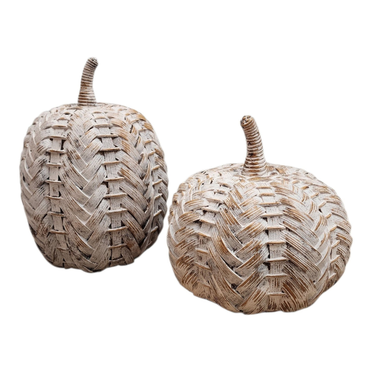 Pair of Open Window Restore hand-painted faux woven resin pumpkins