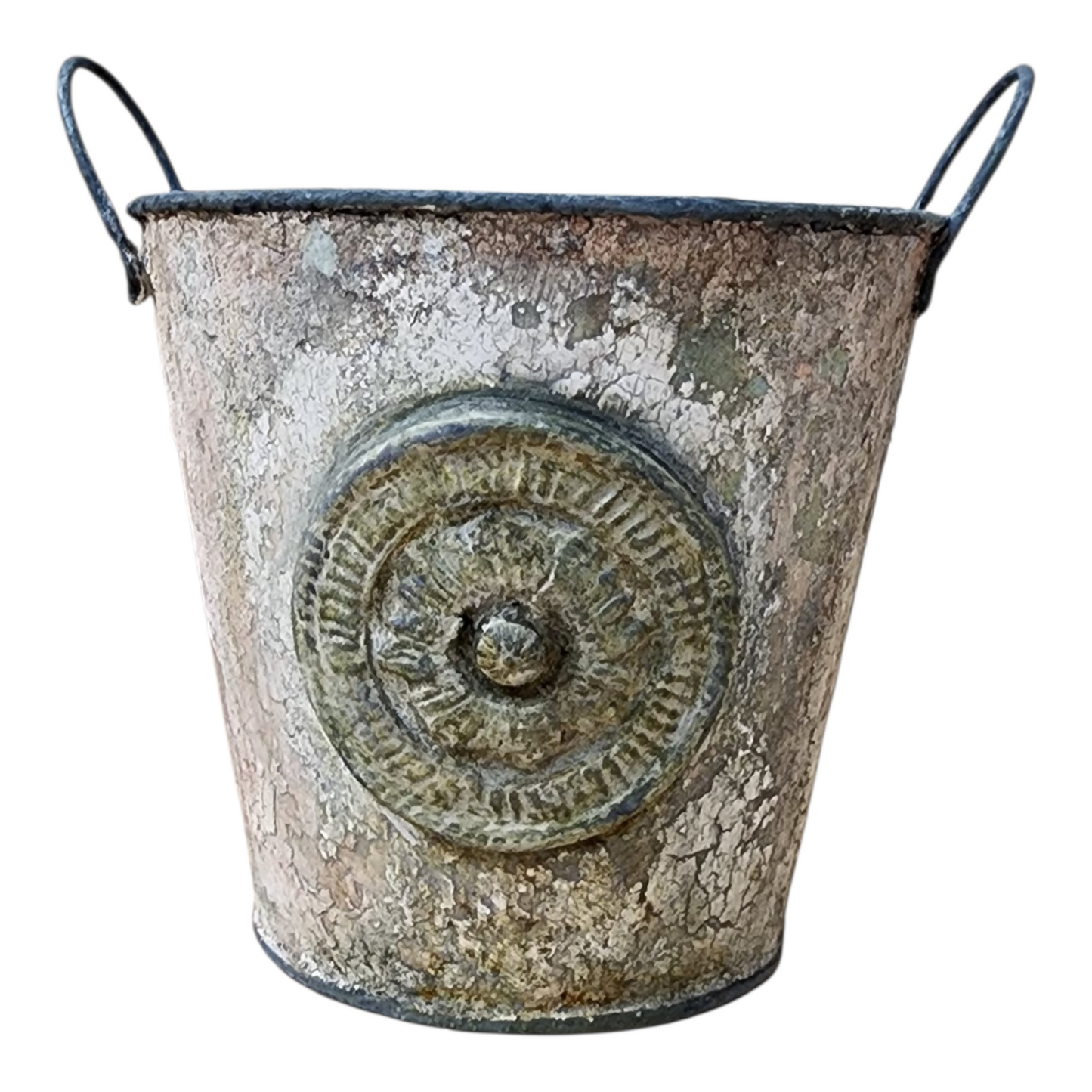 Hand-Painted European Patina Metal Bucket | Aged Plaster Finish | Vintage-Inspired Decorative Vessel