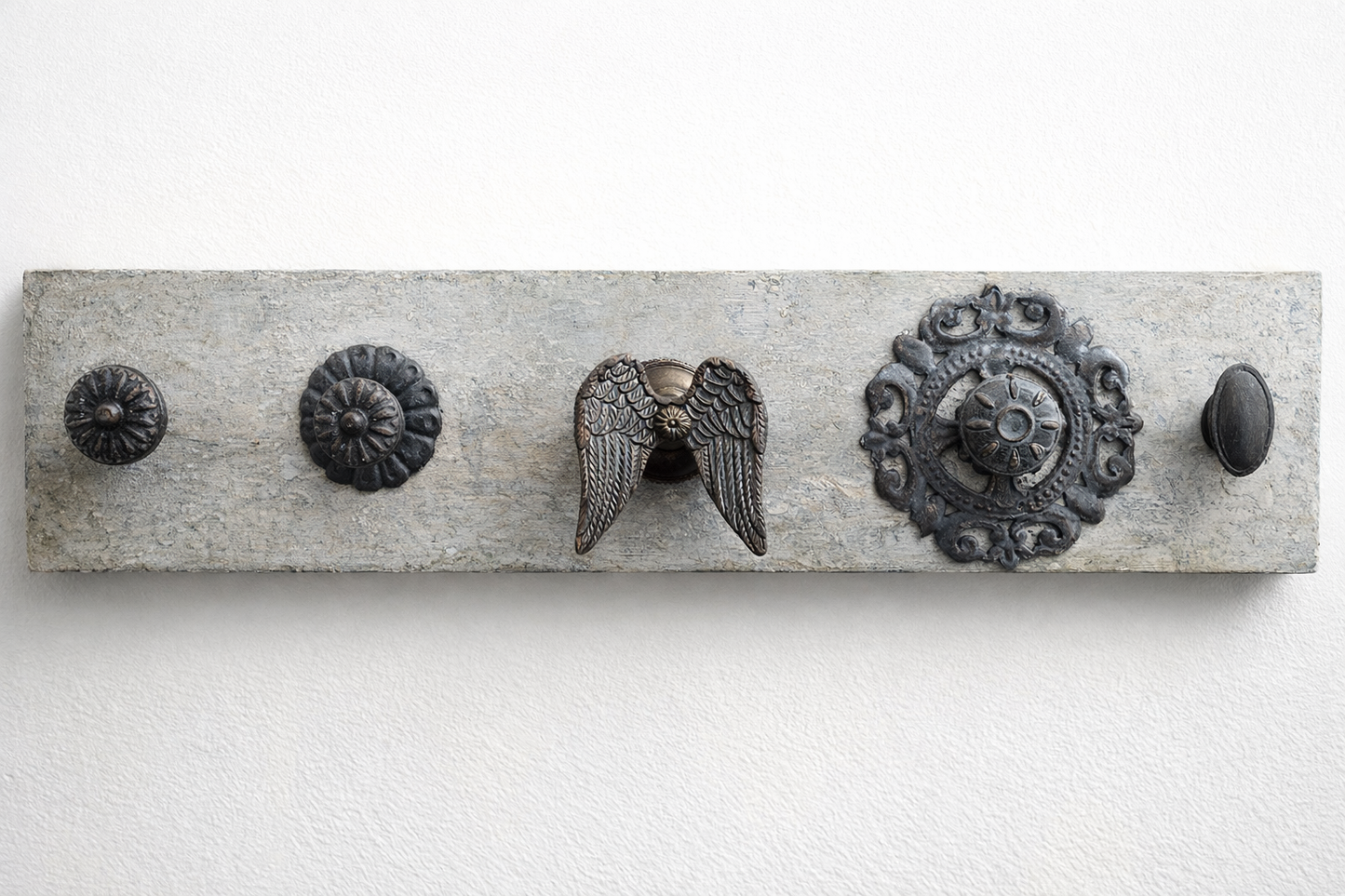 Architectural Hook Rail with Vintage Hardware – Weathered Limewash Finish Wall Rack