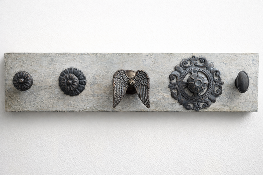 Architectural Hook Rail with Vintage Hardware – Weathered Limewash Finish Wall Rack