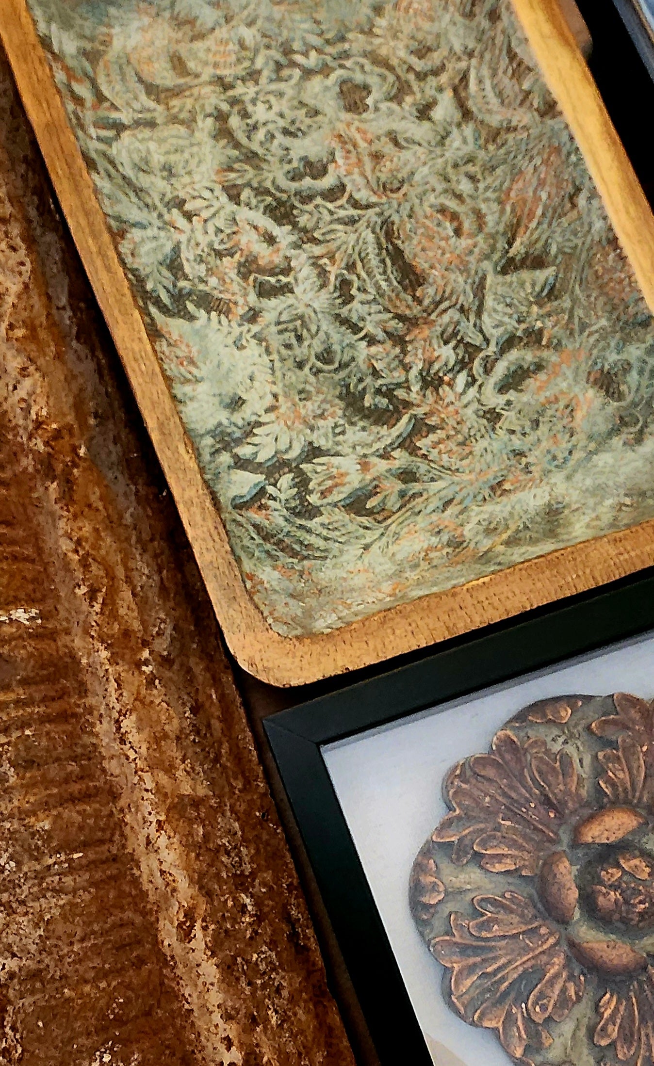 Handpainted Wooden Dough Bowl | Aged Copper & Moss Patina Finish | One-of-a-Kind Decorative Tray