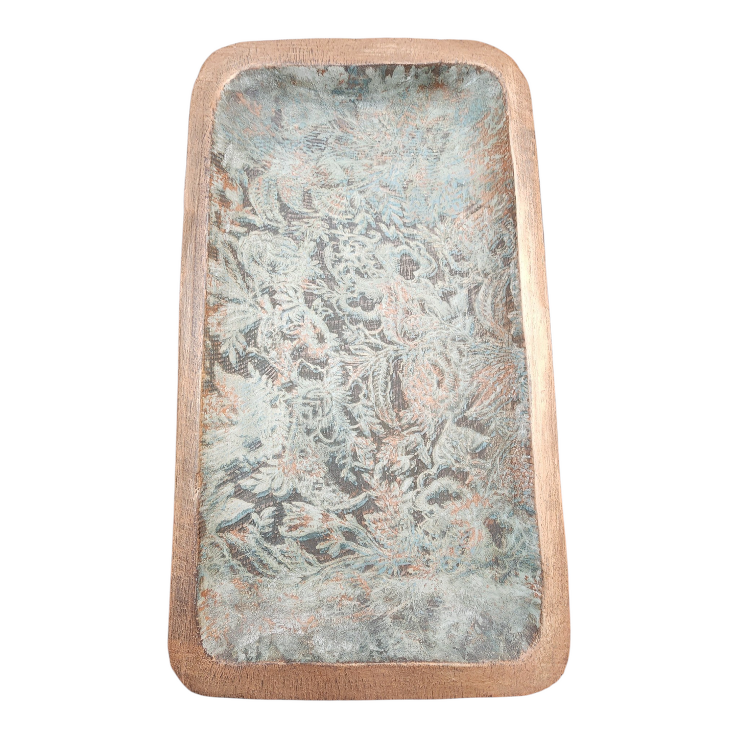 Handpainted Wooden Dough Bowl | Aged Copper & Moss Patina Finish | One-of-a-Kind Decorative Tray