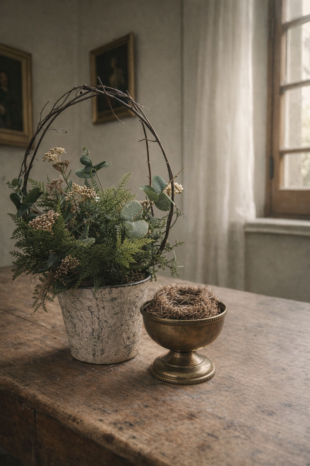 Timeworn Botanical Cachepot | Hand-Painted Decorative Vessel
