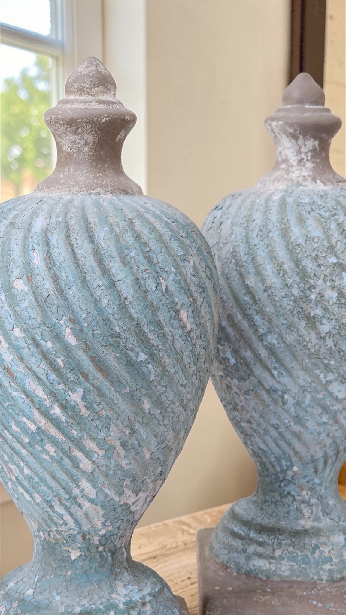“Sea-Worn Patina Finials Hand-Painted Ceramic Pair”
