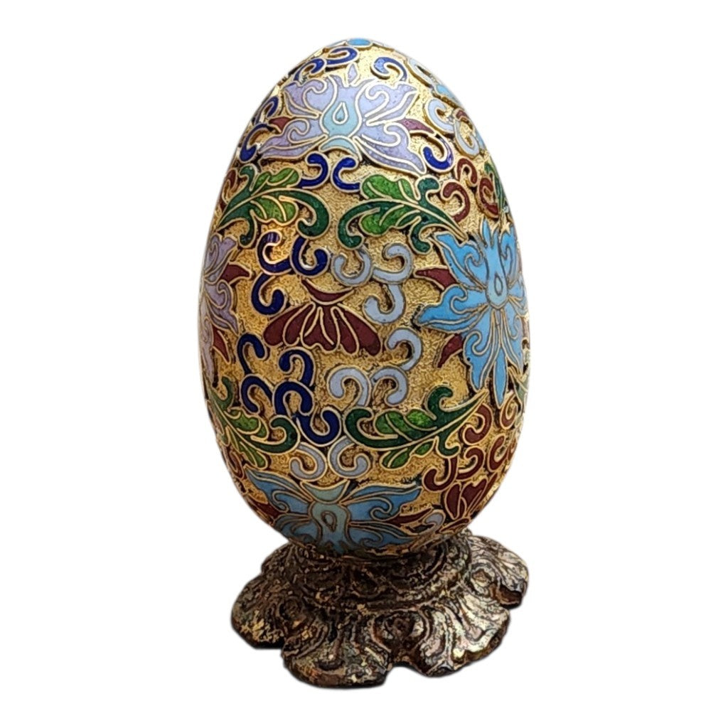 Vintage Cloisonné Enamel Egg with Lotus Floral Design & Stand