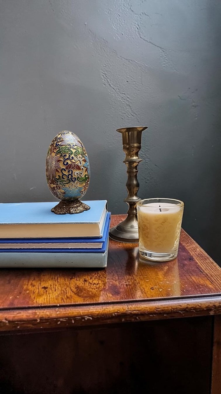 Vintage Cloisonné Enamel Egg with Lotus Floral Design & Stand