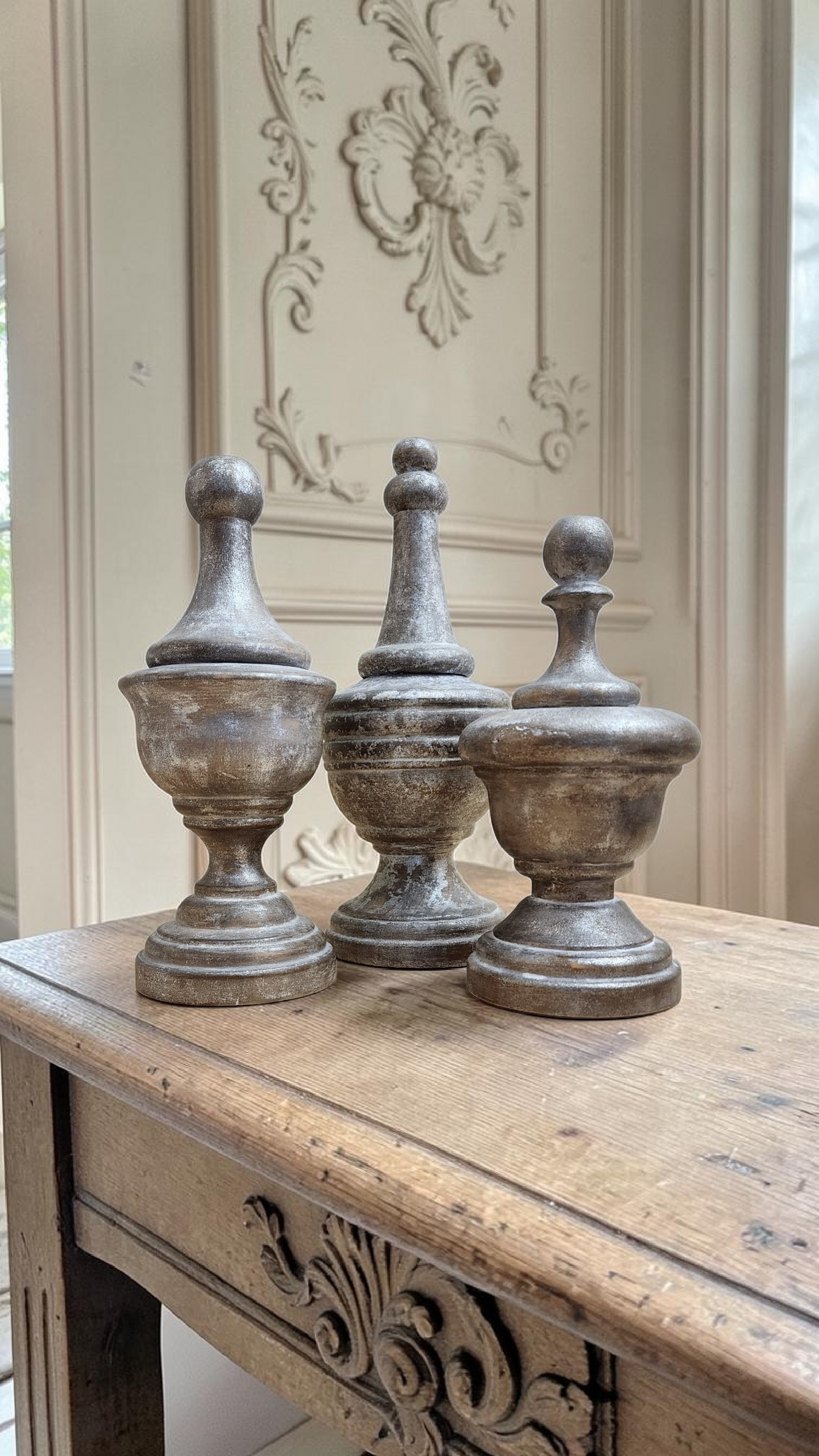 Hand-Painted Wood Finial Set (3) | Aged Metal Finish with Mica Glaze