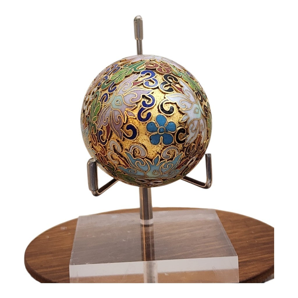 Vintage Cloisonné Enamel Egg with Lotus Floral Design & Stand