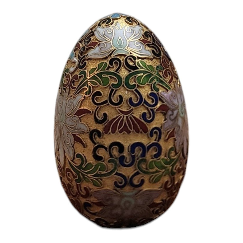 Vintage Cloisonné Enamel Egg with Lotus Floral Design & Stand