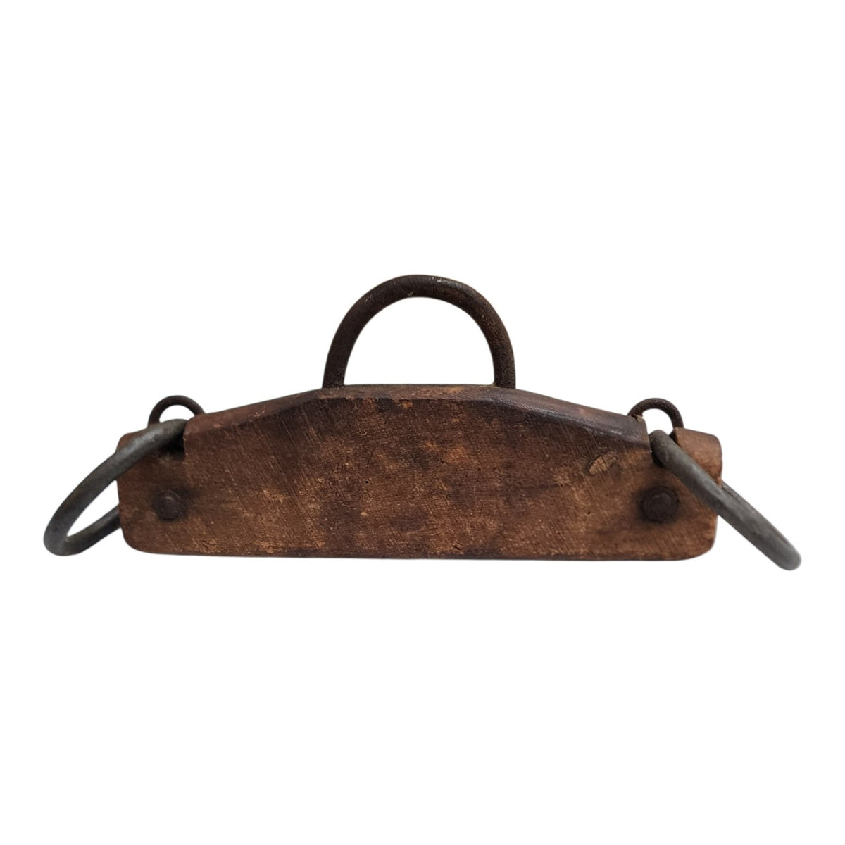 Vintage wood and iron harness form, side view