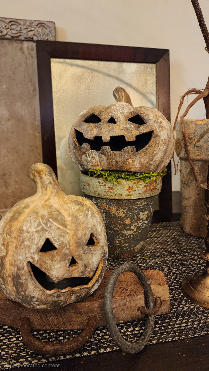 Vintage wood and iron harness form styled as a decorative riser with pumpkins